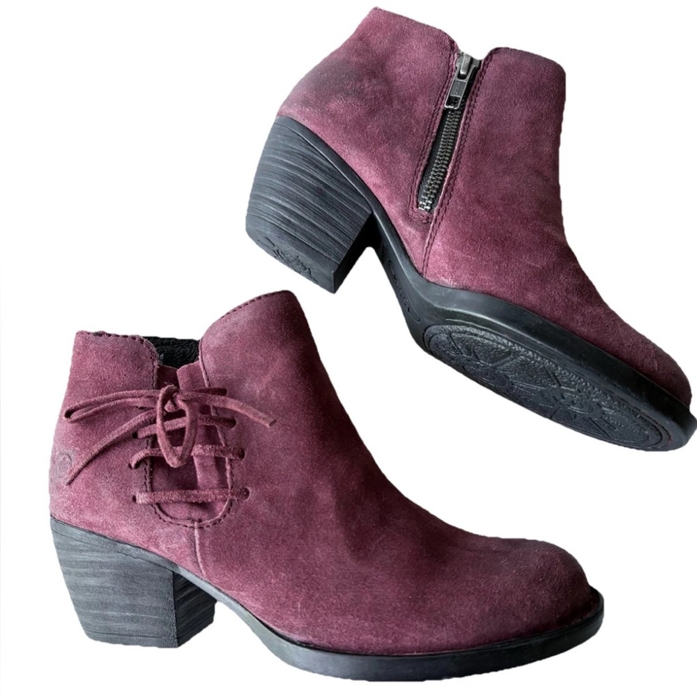 Born Women’s Sz 6M Ankle Boots Booties Shoes Burgundy Distressed Suede Zip Up